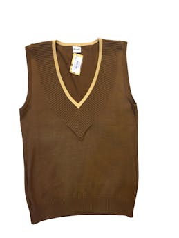 Chaleco cerrado de lana delgada, marron con beish, cuello V, sin mangas. Busto: 88 cm. Largo: 64 cm.
